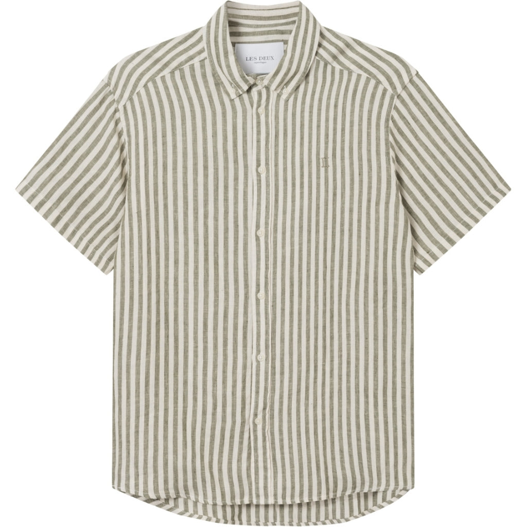 Les Deux Kris Leinen Kurzarmhemd Ivory / Olive Night TWOJAYS