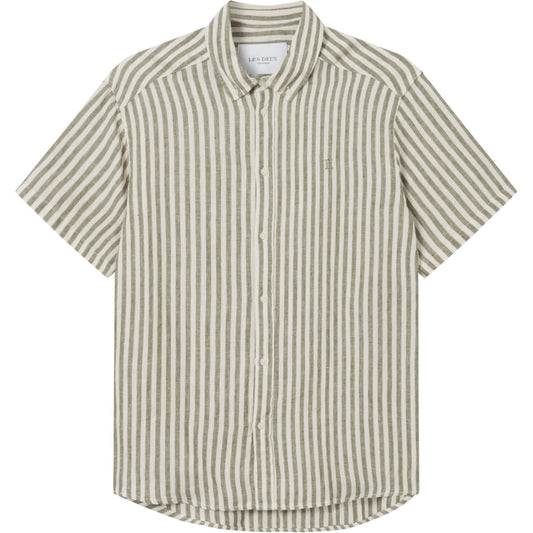 Les Deux Kris Leinen Kurzarmhemd Ivory / Olive Night TWOJAYS